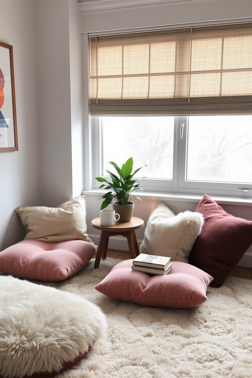 A cozy winter home office setting featuring a standing desk that can be adjusted for versatility. The room is adorned with warm wood accents, a plush area rug, and large windows allowing natural light to fill the space. The walls are painted in a soft gray tone, creating a calming atmosphere. A comfortable chair is positioned beside the desk, and decorative elements like a potted plant and artwork add personality to the room.