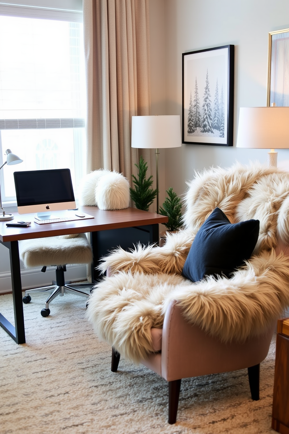 A cozy winter home office features a sturdy wooden desk with natural grain accents, complemented by a plush chair in warm tones. Soft lighting from a vintage lamp casts a welcoming glow, while a wool throw drapes over the chair for added comfort.