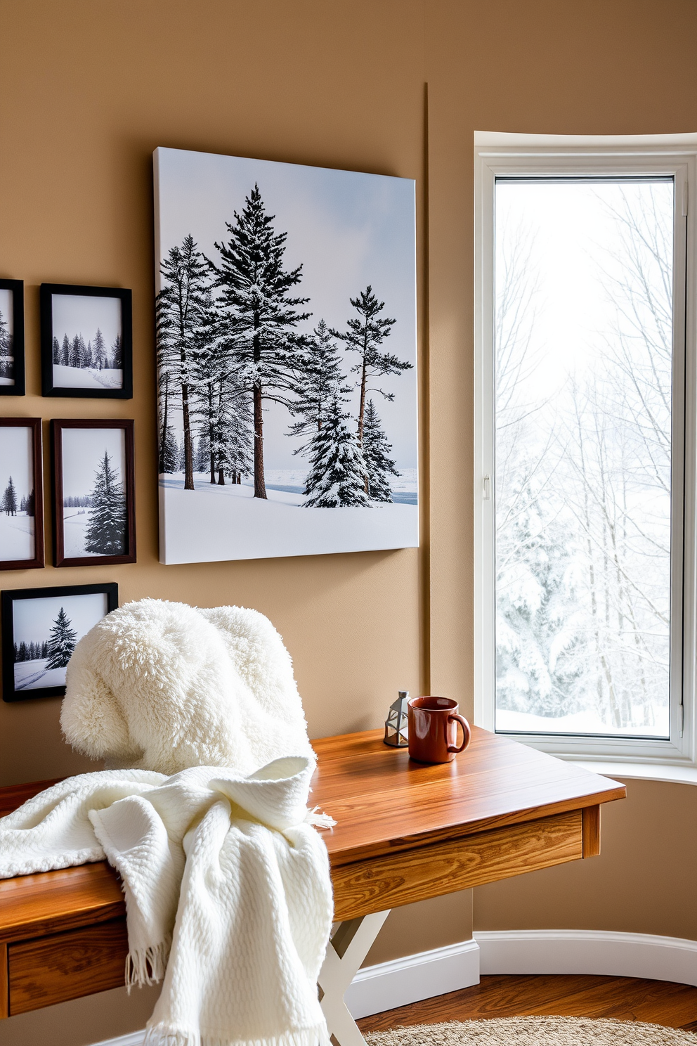 Seasonal artwork featuring winter landscapes. The scene showcases snow-covered trees and a cozy cabin with smoke drifting from the chimney. Winter home office decorating ideas. The office features a warm color palette with a plush rug, a wooden desk, and decorative elements like candles and pinecones.