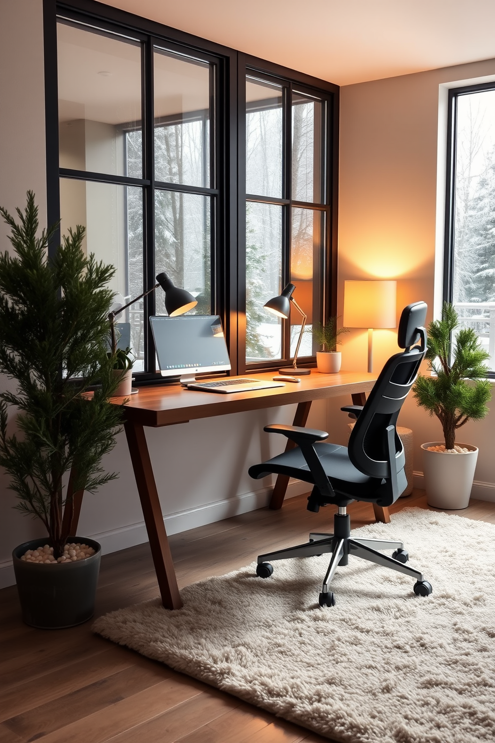 A cozy winter home office adorned with potted evergreen plants brings a fresh and inviting atmosphere. The desk is made of reclaimed wood and is paired with a comfortable ergonomic chair, while natural light pours in through a large window dressed with soft, sheer curtains.