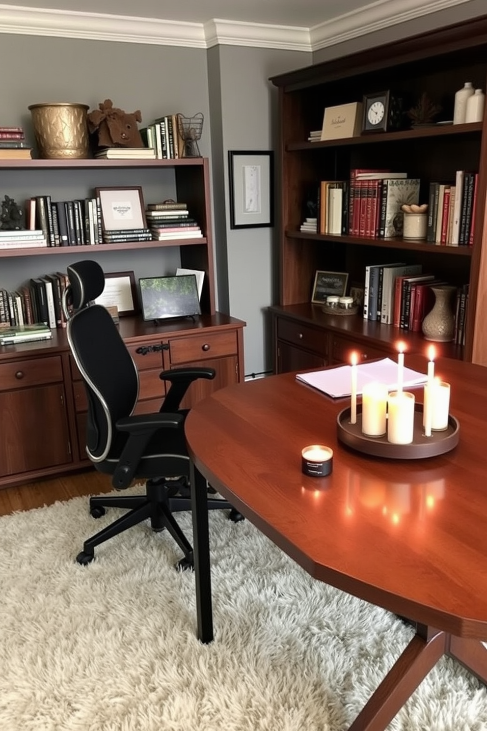 A warm and inviting hot beverage station is set up in a corner of the winter home office. It features a rustic wooden cart with a top shelf displaying an array of coffee mugs, a sleek coffee maker, and a selection of teas. The cart is adorned with a cozy knitted throw and a small potted plant for a touch of greenery. A plush armchair sits nearby, inviting you to take a break and enjoy a steaming cup of your favorite drink.