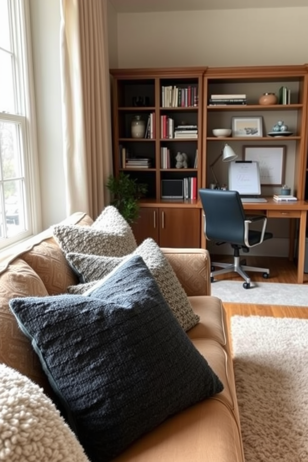 A cozy winter home office adorned with faux fur throws draped over a plush armchair. The room features a sleek wooden desk with a stylish lamp, and large windows allow natural light to illuminate the space.