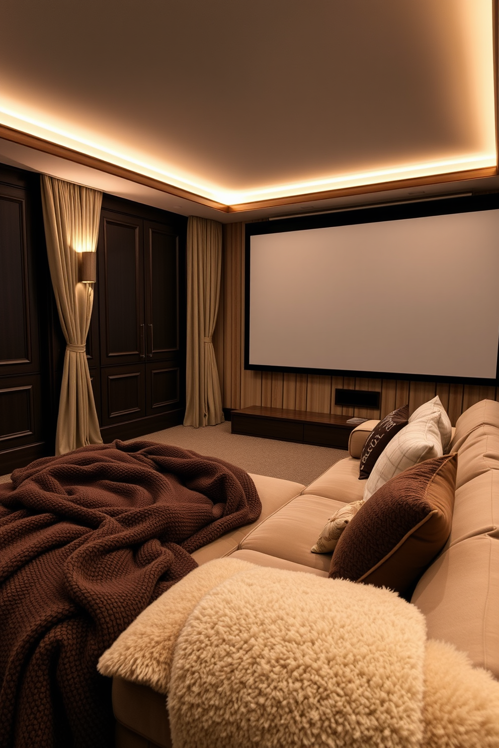 Cozy blankets and cushions are spread across a plush sectional sofa, inviting relaxation and warmth in the winter home theater. Soft, textured fabrics in neutral tones complement the dark wood accents of the room, creating a snug and inviting atmosphere. A large screen is mounted on the wall, framed by elegant drapes that block out the cold and enhance the cinematic experience. Ambient lighting is strategically placed to create a warm glow, while a collection of decorative pillows adds a pop of color and comfort to the seating area.