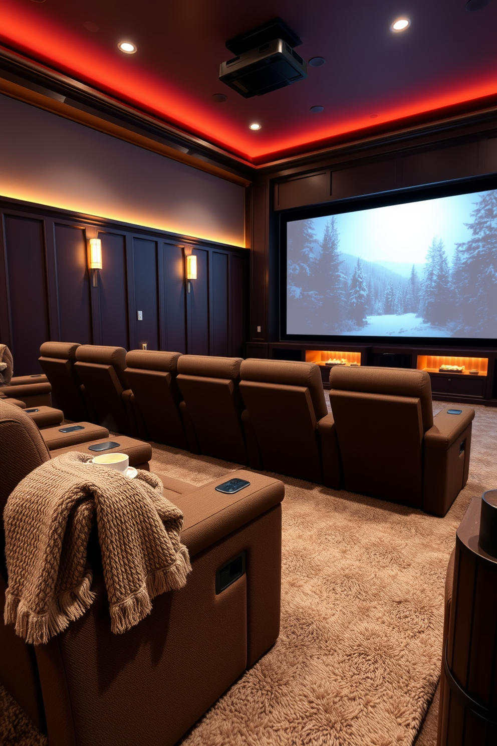 A cozy winter home theater featuring a vintage popcorn machine to create an authentic theater feel. The room is designed with plush seating, warm lighting, and rich wood accents to enhance the inviting atmosphere.