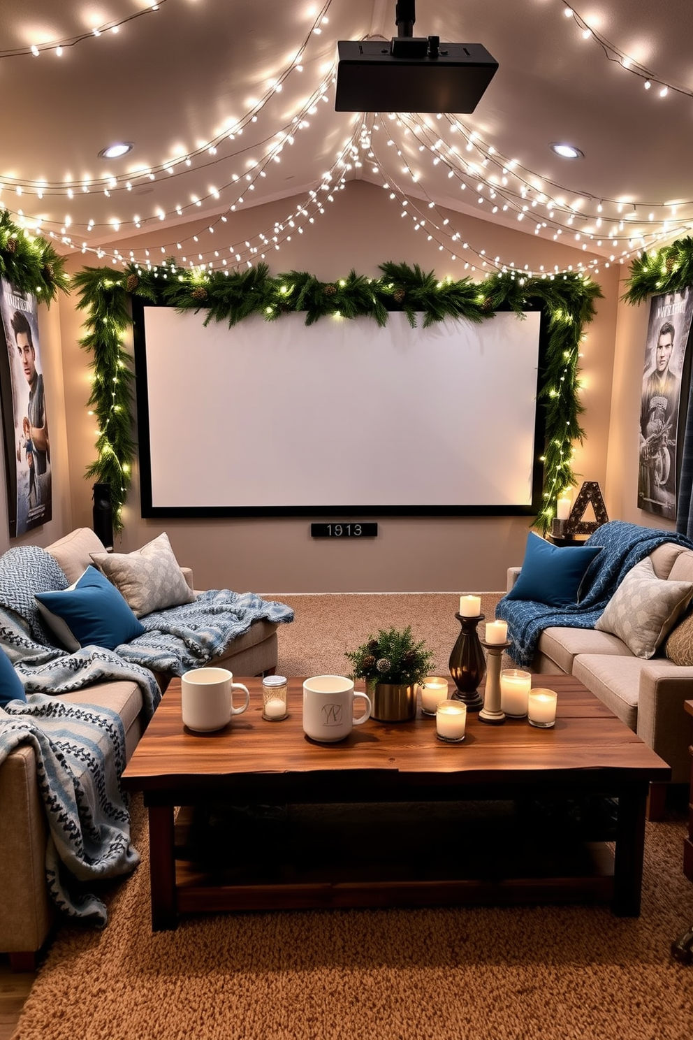 A cozy home theater decorated for winter movie marathons. Soft white fairy lights drape across the ceiling, creating a warm ambiance, while plush blankets and pillows in shades of blue and silver are scattered across a large sectional sofa. A large screen is framed by evergreen garlands adorned with pine cones and twinkling lights. Hot cocoa mugs sit on a rustic wooden coffee table, surrounded by themed movie posters and candles that add a festive touch to the space.