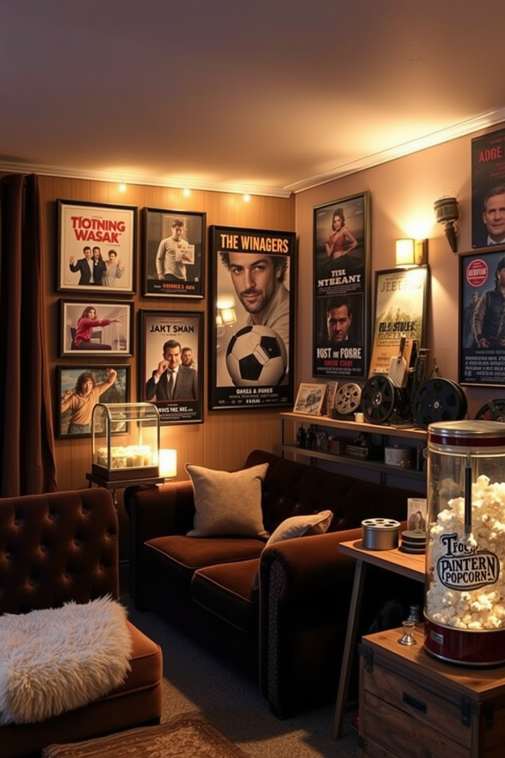 A cozy winter home theater adorned with vintage movie memorabilia. The walls are lined with framed classic film posters, and a plush velvet sofa invites relaxation. Warm, ambient lighting creates a welcoming atmosphere, while a retro popcorn machine sits in the corner. A collection of vintage film reels and memorabilia is displayed on a rustic wooden shelf, enhancing the nostalgic charm.