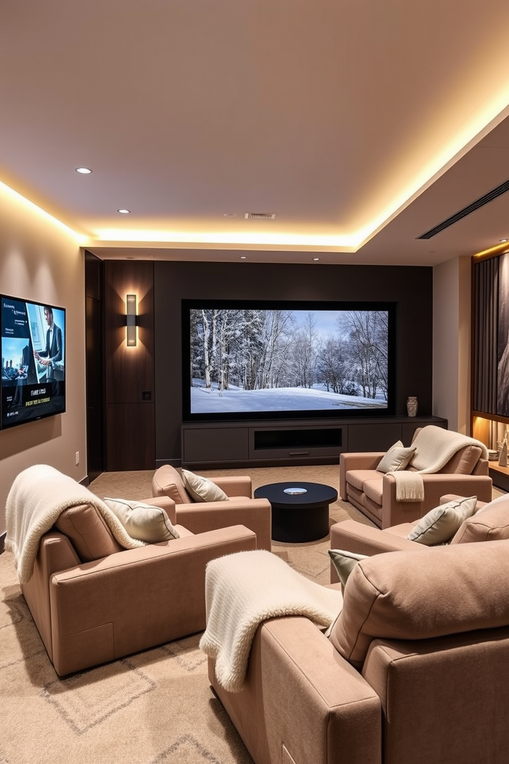 A modern living room featuring smart home technology seamlessly integrated into the design. A sleek control panel is mounted on the wall, allowing easy access to lighting and entertainment systems. A cozy winter home theater designed for comfort and relaxation. Plush seating is arranged in a semi-circle around a large screen, with soft blankets draped over the chairs and warm lighting creating an inviting atmosphere.