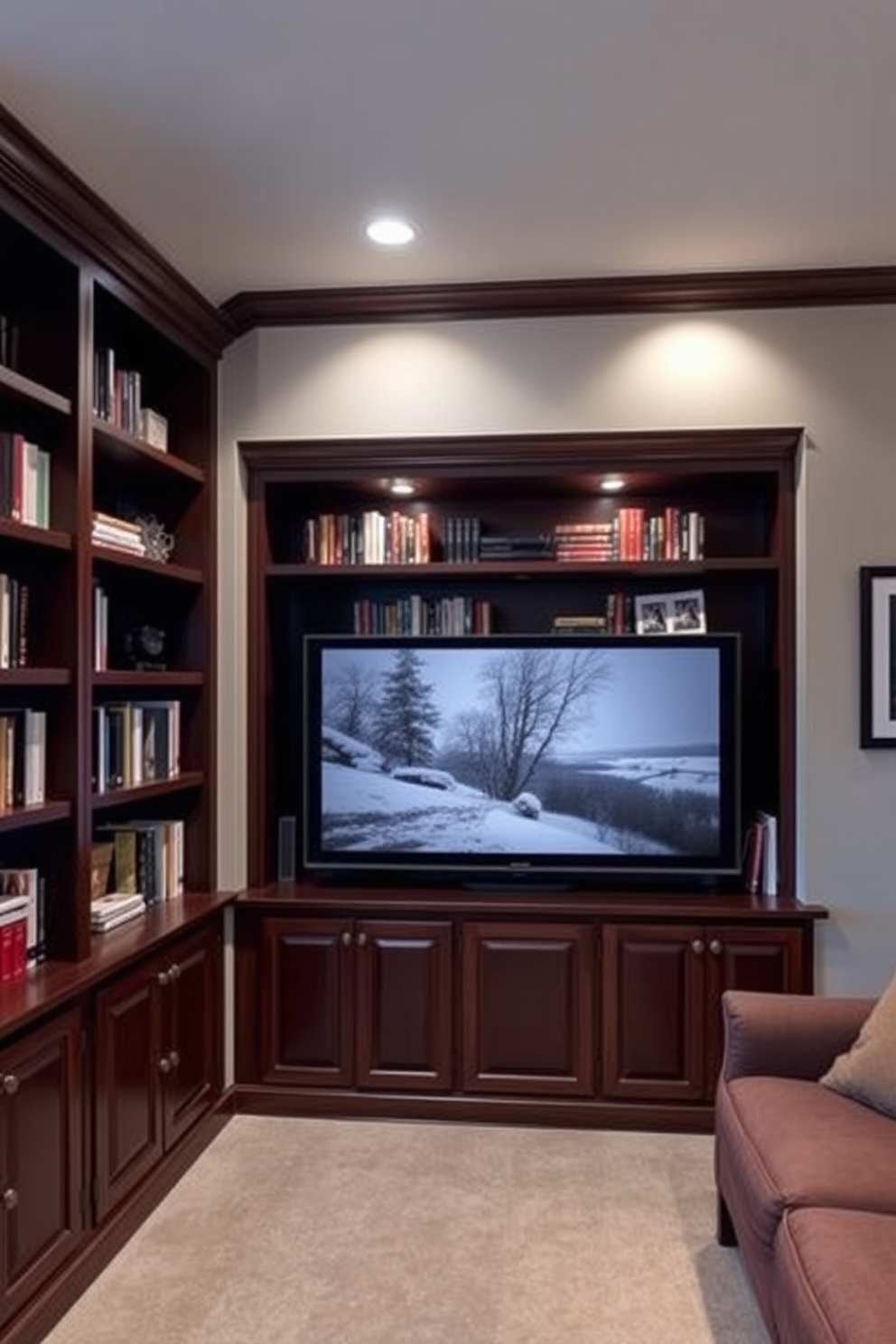 A cozy winter home theater features built-in shelving that elegantly displays a collection of books and media. The shelves are crafted from rich mahogany, contrasting beautifully with the soft, warm lighting that creates an inviting atmosphere.