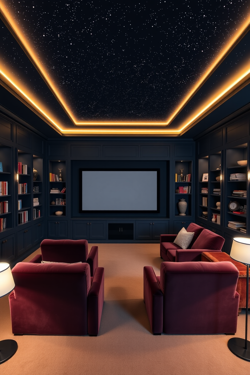 A cozy home theater setting with plush velvet seating arranged in a semi-circle facing a large screen. The walls are painted a deep navy blue, and the space features built-in shelves filled with books and decorative items. Mood lighting is integrated with dimmers, allowing for a warm ambiance that enhances the viewing experience. Soft LED strips outline the ceiling, creating a starry night effect, while floor lamps provide additional illumination when needed.