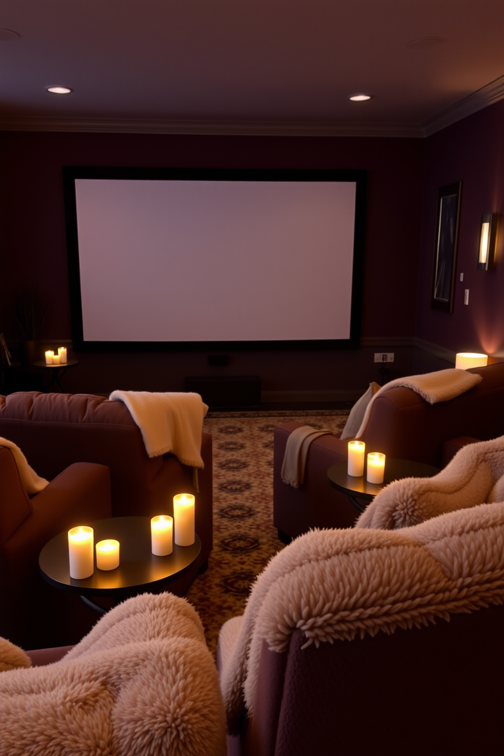 A cozy home theater designed for winter evenings. The walls are adorned with framed black and white film photos, creating a nostalgic atmosphere. Plush seating is arranged in a semi-circle around a large screen, inviting relaxation. Soft, warm lighting enhances the ambiance, while a thick rug adds comfort underfoot.