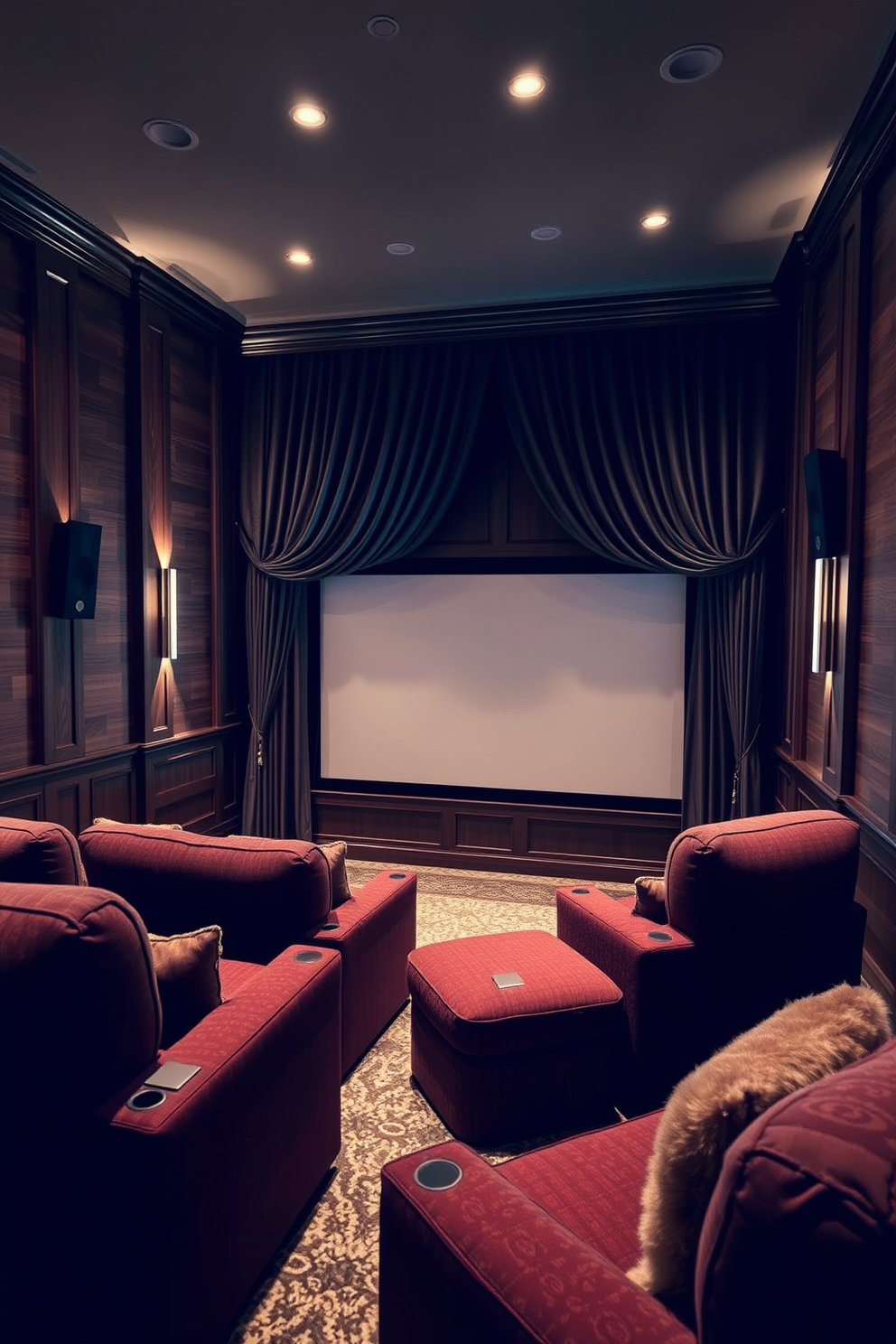 A cozy winter home theater featuring plush seating arranged for optimal viewing. The walls are adorned with rich wood paneling and soft ambient lighting enhances the inviting atmosphere. Wall-mounted speakers are strategically placed for immersive sound experience. A large screen is framed by elegant drapes in deep hues, creating a cinematic feel.