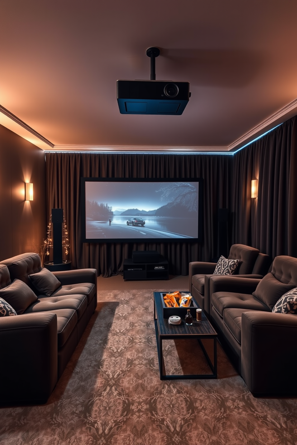 A cozy winter home theater setting designed for a cinematic experience. The room features a large screen projector mounted on the ceiling, with plush seating arranged in a semi-circle for optimal viewing. Soft, warm lighting creates an inviting atmosphere, while dark curtains block out any outside light. A stylish coffee table sits in front of the seating area, adorned with snacks and beverages for movie nights.