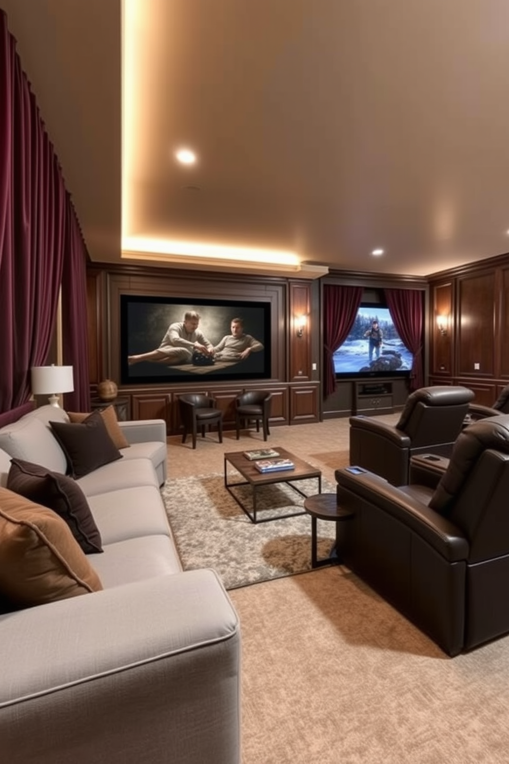 A cozy winter home theater with hidden storage for games and accessories. The walls are painted in a warm gray color, and plush seating is arranged around a large screen, creating an inviting atmosphere. Built-in cabinets blend seamlessly into the design, providing ample space to store board games and entertainment items. Soft lighting fixtures enhance the ambiance, while a thick area rug adds comfort underfoot.