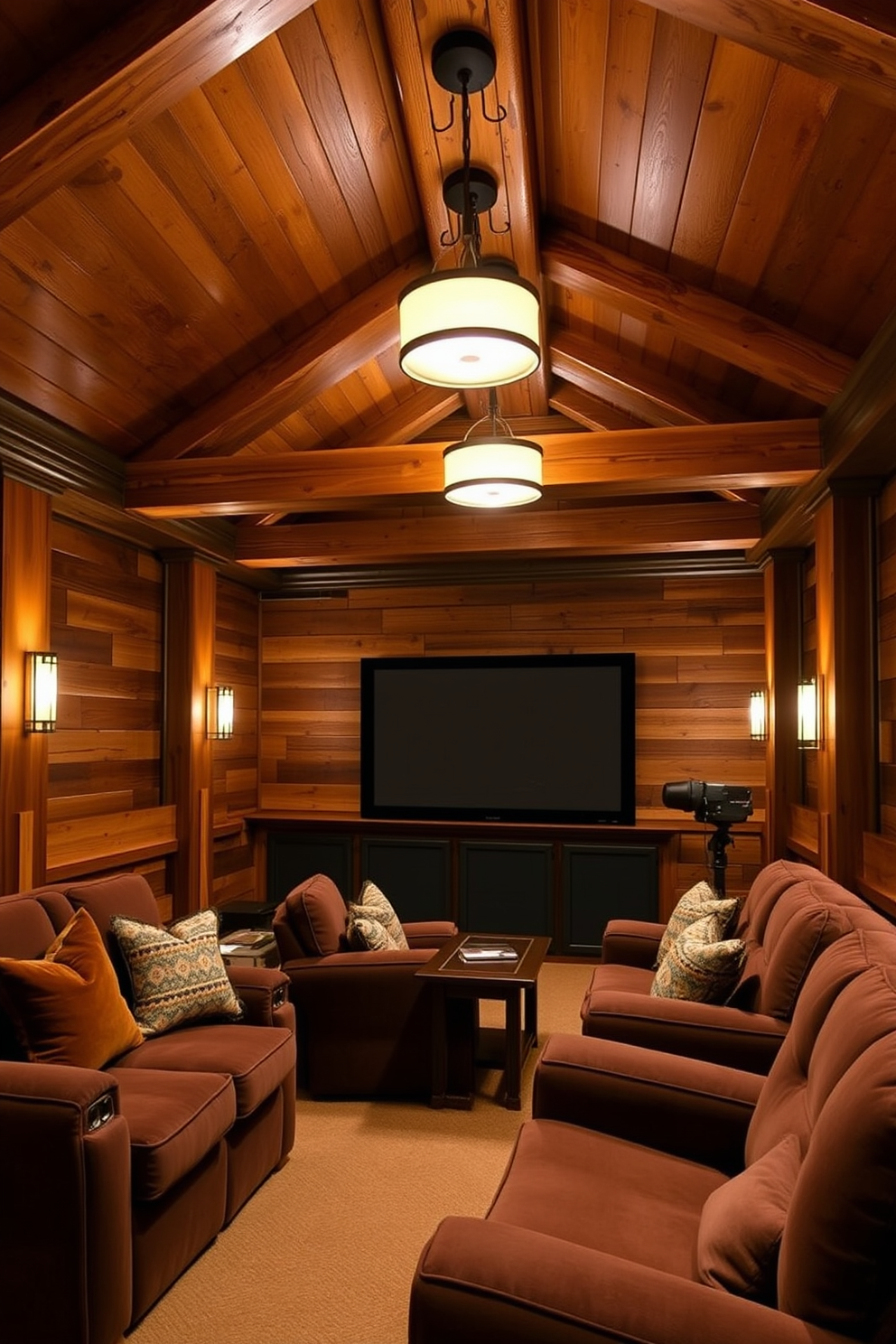 A cozy winter home theater setting with warm dimmable lighting creating an inviting atmosphere. Plush seating is arranged in a semi-circle facing a large screen, with soft blankets draped over the chairs for added comfort. The walls are painted in a deep navy blue, enhancing the intimate feel of the space. Decorative accents include a rustic wooden coffee table and shelves lined with books and movies, complemented by ambient lighting fixtures that add to the overall warmth.