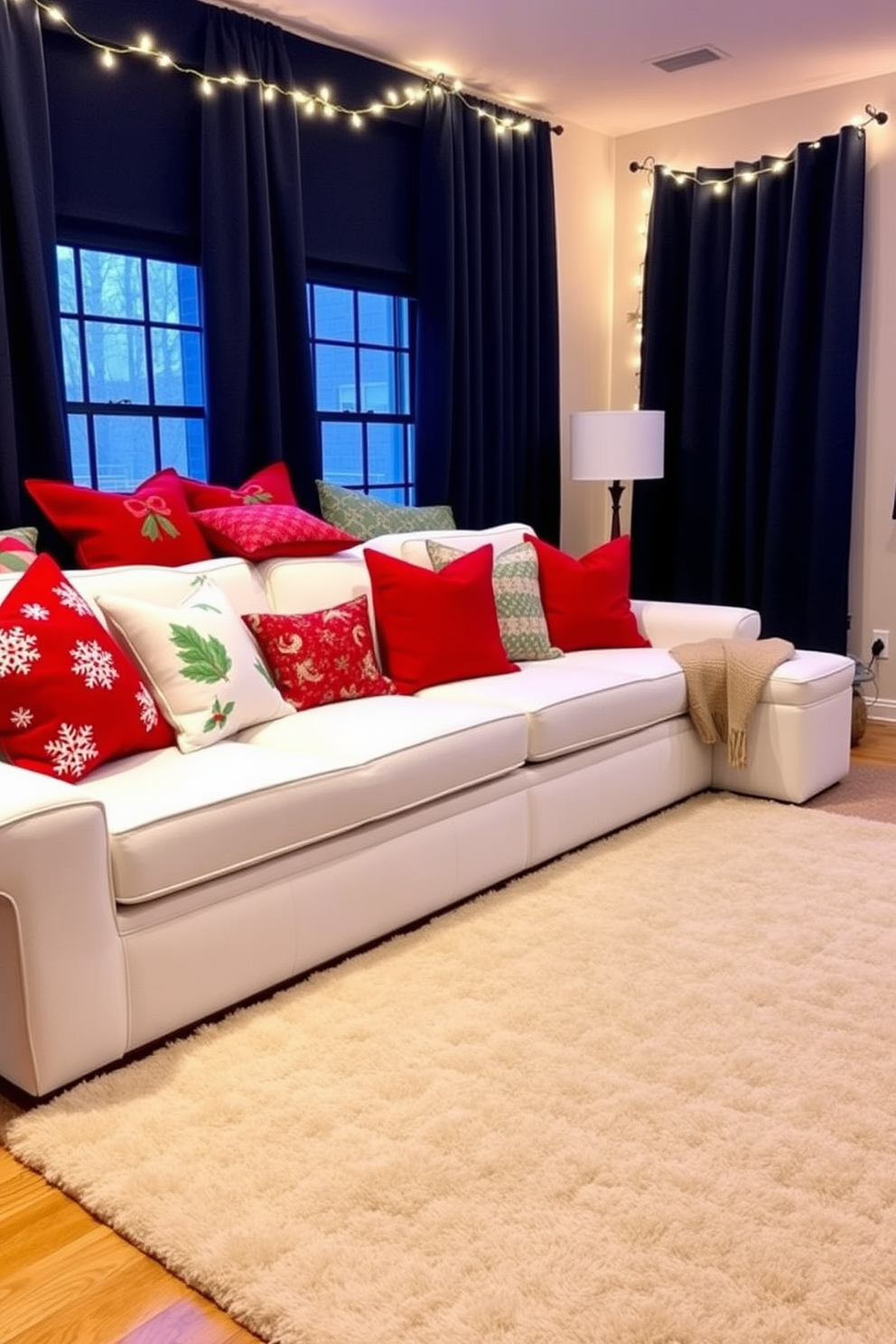 Seasonal throw pillows in vibrant reds and greens are scattered across a plush white sofa, adding a festive touch to the living room. The pillows feature various holiday-themed patterns, including snowflakes and holly, creating a cozy and inviting atmosphere. For winter home theater decorating ideas, rich navy blue curtains frame the windows, blocking out light and enhancing the cinematic experience. A large, soft area rug in a neutral tone anchors the seating area, while twinkling string lights are draped along the ceiling for a warm glow.