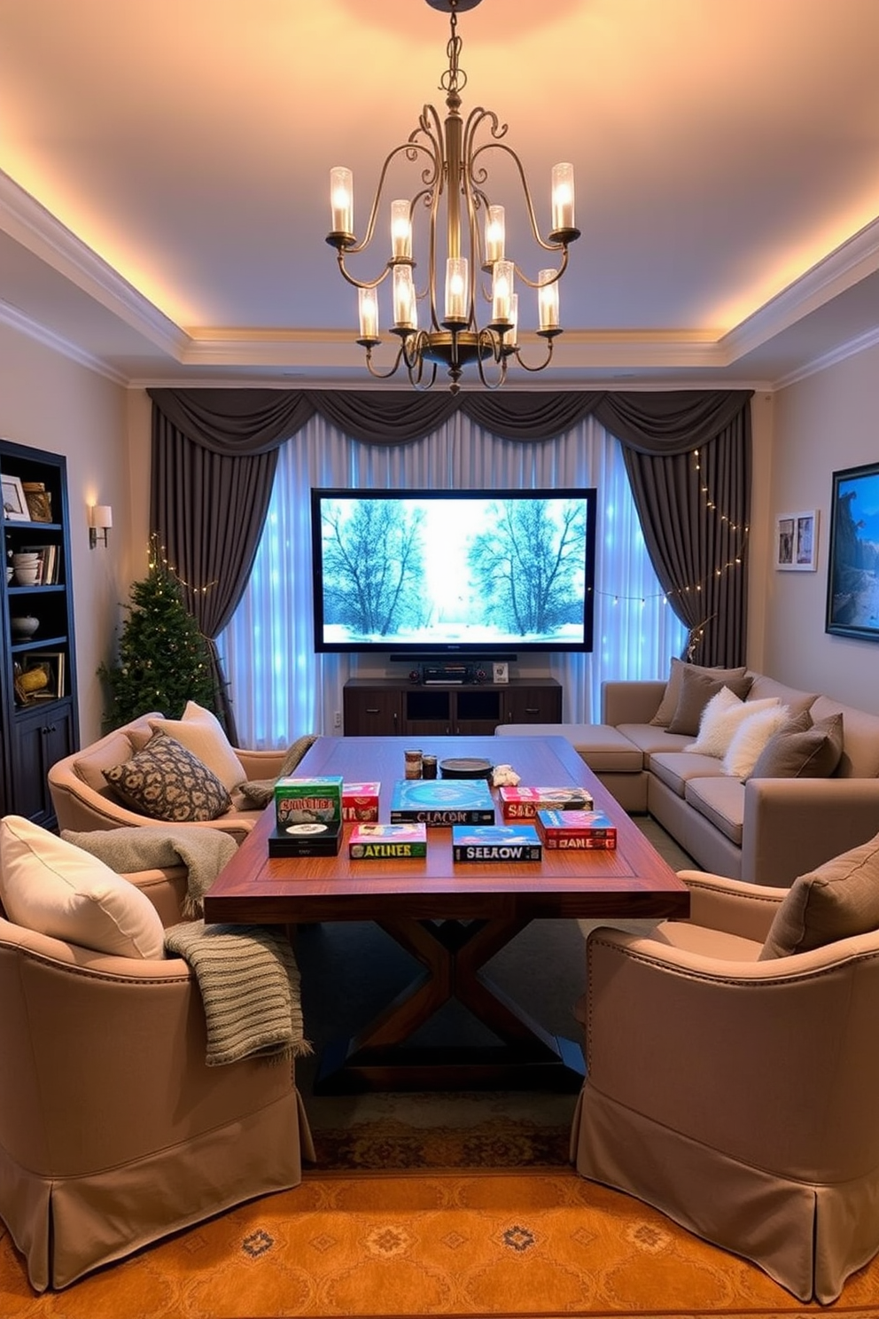 Classic board games for cozy gatherings. A large wooden table is surrounded by plush upholstered chairs, creating an inviting atmosphere. Soft lighting from a stylish chandelier casts a warm glow over the scene. On the table, a selection of classic board games is neatly arranged alongside cozy blankets and snacks. Winter Home Theater Decorating Ideas. The room features a large sectional sofa adorned with fluffy throw pillows, perfect for movie nights. A large screen is mounted on the wall, framed by elegant drapes that add a touch of luxury. A warm area rug anchors the space, while twinkling fairy lights create a festive ambiance.