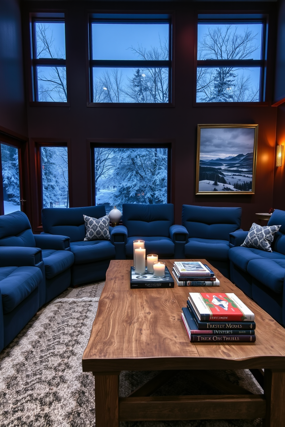 A cozy winter home theater featuring plush seating in deep navy blue. The walls are adorned with large windows showcasing a snowy landscape outside, while warm ambient lighting creates an inviting atmosphere. Artwork depicting serene winter landscapes hangs on the walls, enhancing the seasonal theme. A rustic wooden coffee table sits in front of the seating area, adorned with candles and a stack of winter-themed books.