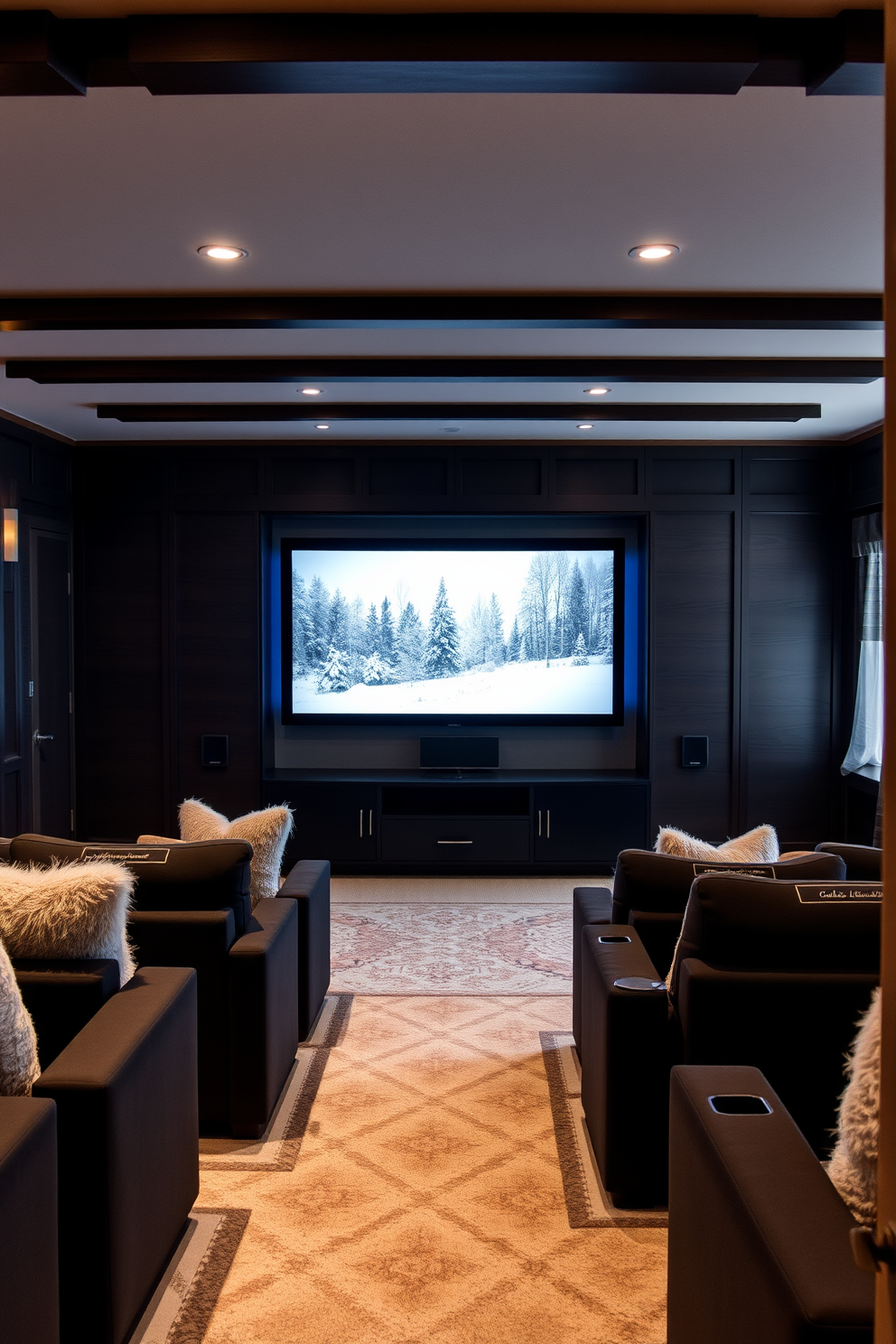 A cozy winter home theater featuring plush seating arranged for optimal viewing. The walls are adorned with dark wood paneling, and a large screen is mounted above a sleek media console. An integrated sound system is seamlessly built into the design, providing enhanced audio throughout the space. Soft, ambient lighting creates a warm atmosphere, perfect for movie nights during the colder months.