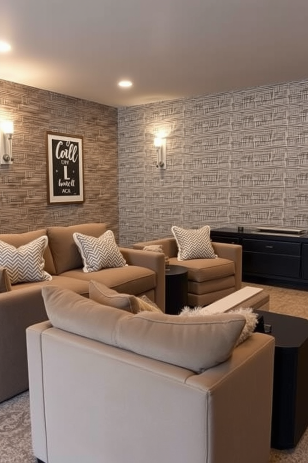 Create a cozy winter home theater with plush seating arranged for optimal viewing. The walls feature an accent wall adorned with textured wallpaper that adds depth and warmth to the space.