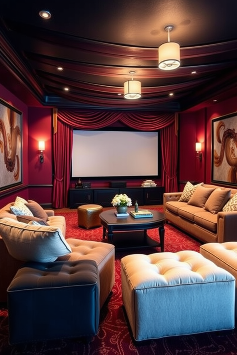 Comfortable ottomans for extra seating options. The room features plush ottomans in various sizes arranged around a central coffee table, providing a cozy and inviting atmosphere. Winter Home Theater Decorating Ideas. The theater is adorned with rich, warm colors, featuring a large screen framed by elegant drapes, and soft lighting that creates a snug environment for movie nights.