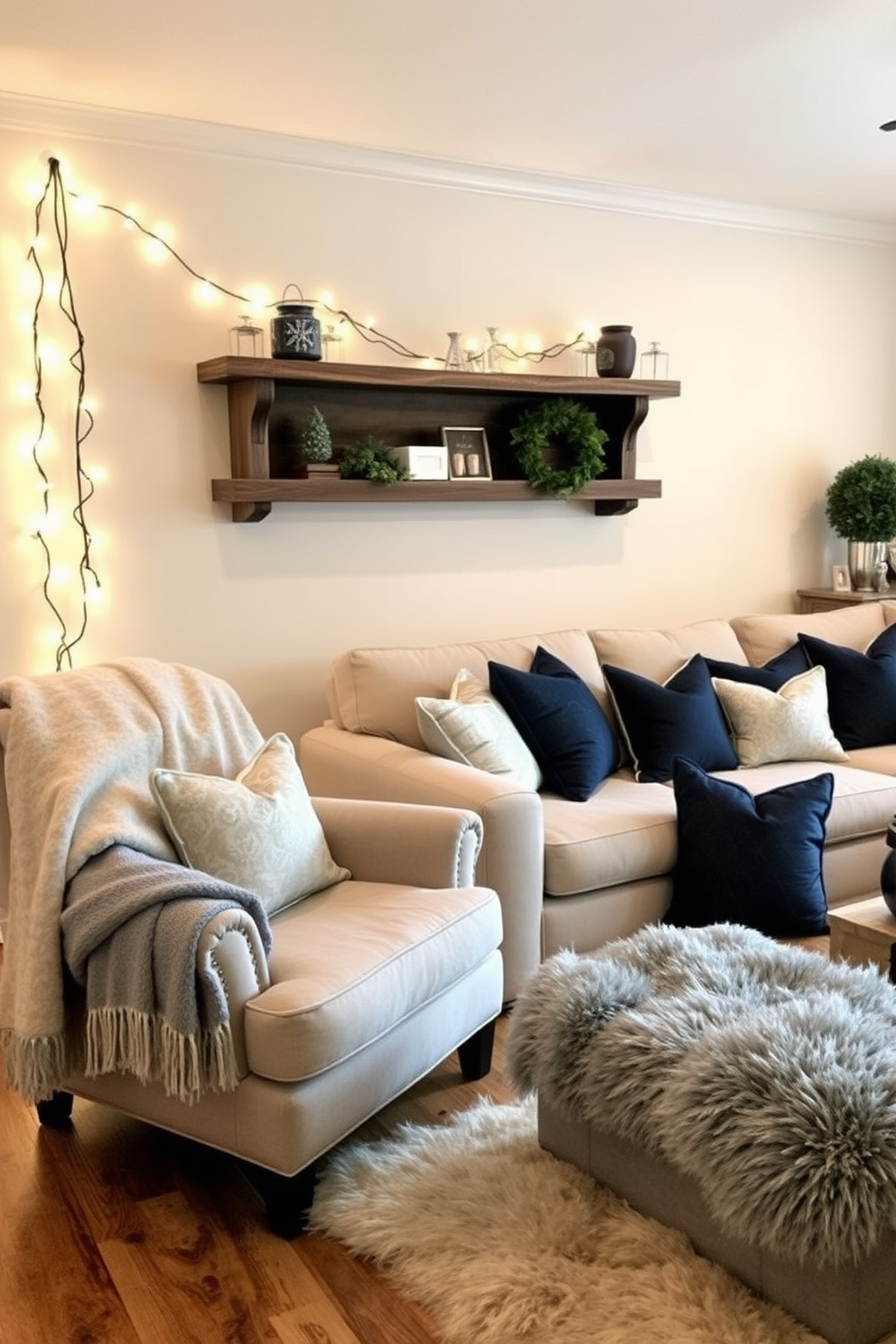 Winter themed decorative accents for charm. Cozy throw blankets in soft textures are draped over a plush armchair, while twinkling fairy lights are wrapped around a rustic wooden shelf. Winter home theater decorating ideas. A large sectional sofa is adorned with seasonal cushions in shades of deep blue and silver, and a faux fur rug lies underfoot to enhance warmth and comfort.