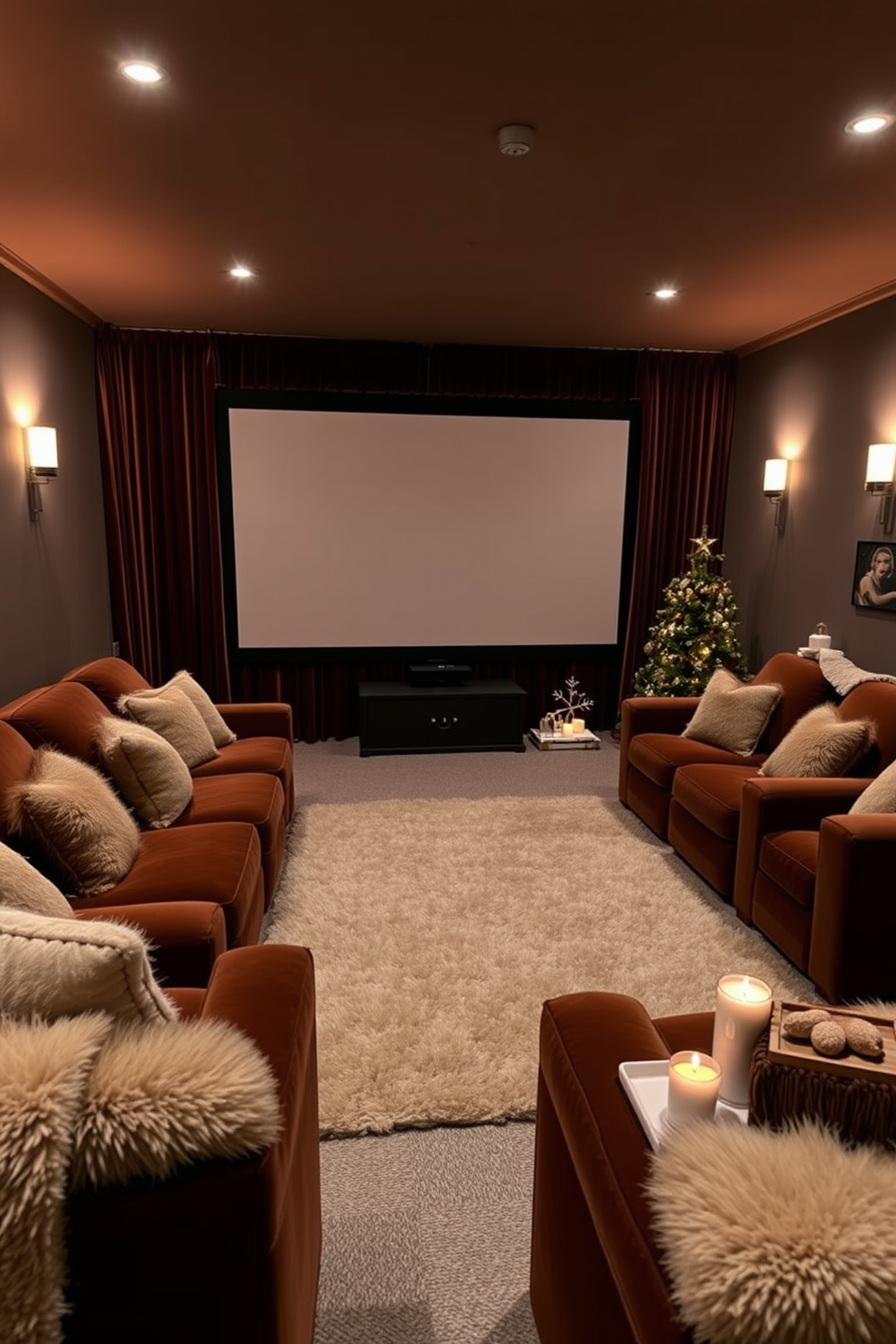 A cozy home theater designed for winter evenings. Plush seating is arranged in a semi-circle around a large screen, while soft ambient lighting creates a warm and inviting atmosphere. Rich textures like velvet curtains and a thick area rug enhance the comfort of the space. Decorative elements such as flickering candles and a small hot cocoa station add to the seasonal charm.