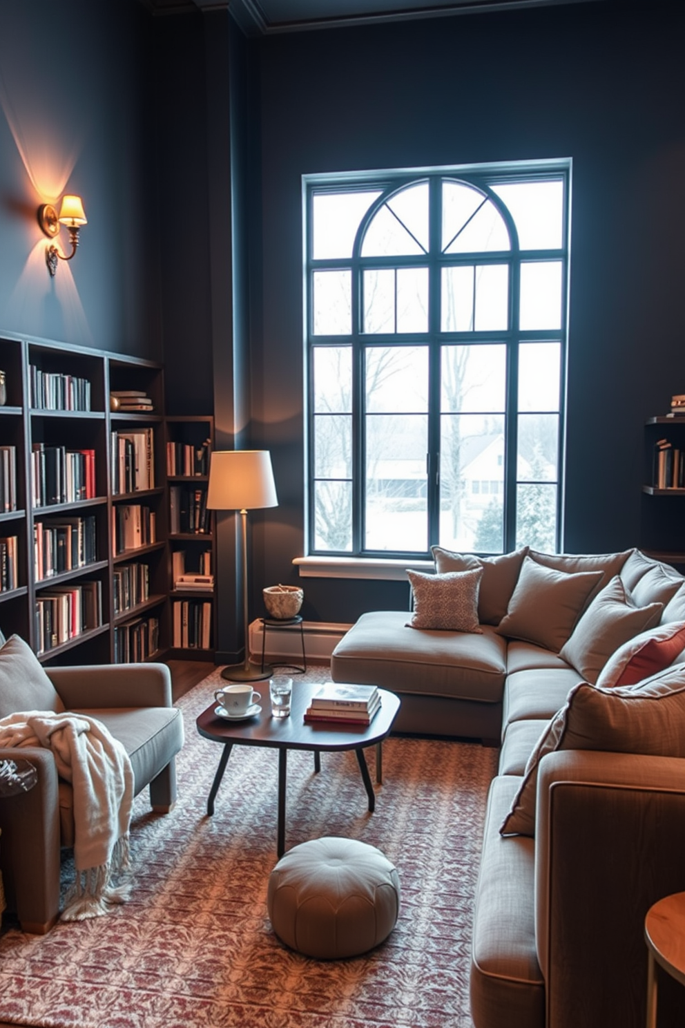 Cozy reading nook for book lovers. A plush armchair is positioned next to a large window, with a soft throw blanket draped over one side. A small wooden side table holds a steaming cup of tea and a stack of favorite novels. The walls are lined with bookshelves filled with books, and a warm, ambient light illuminates the space. Winter Home Theater Decorating Ideas. A large sectional sofa is arranged around a sleek coffee table, creating an inviting atmosphere for movie nights. The walls are painted in a deep navy blue, and soft, warm lighting is provided by wall sconces and a decorative floor lamp.