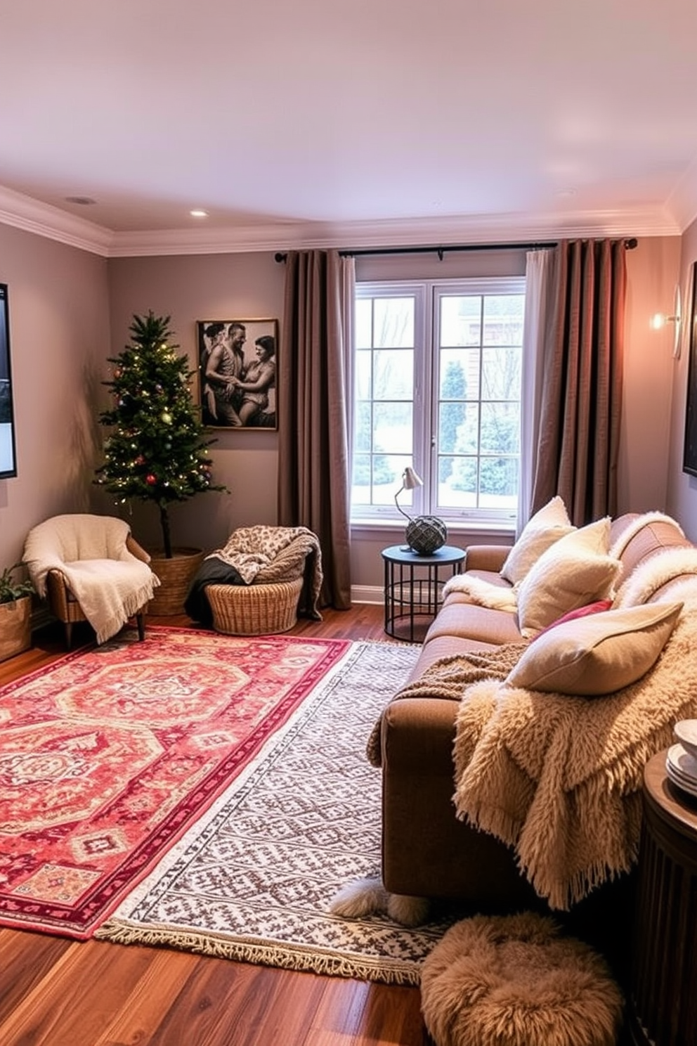 A cozy winter home theater adorned with rich burgundy curtains that cascade elegantly from the ceiling to the floor. The room features a plush sectional sofa in a neutral tone, complemented by a large area rug with a subtle geometric pattern.