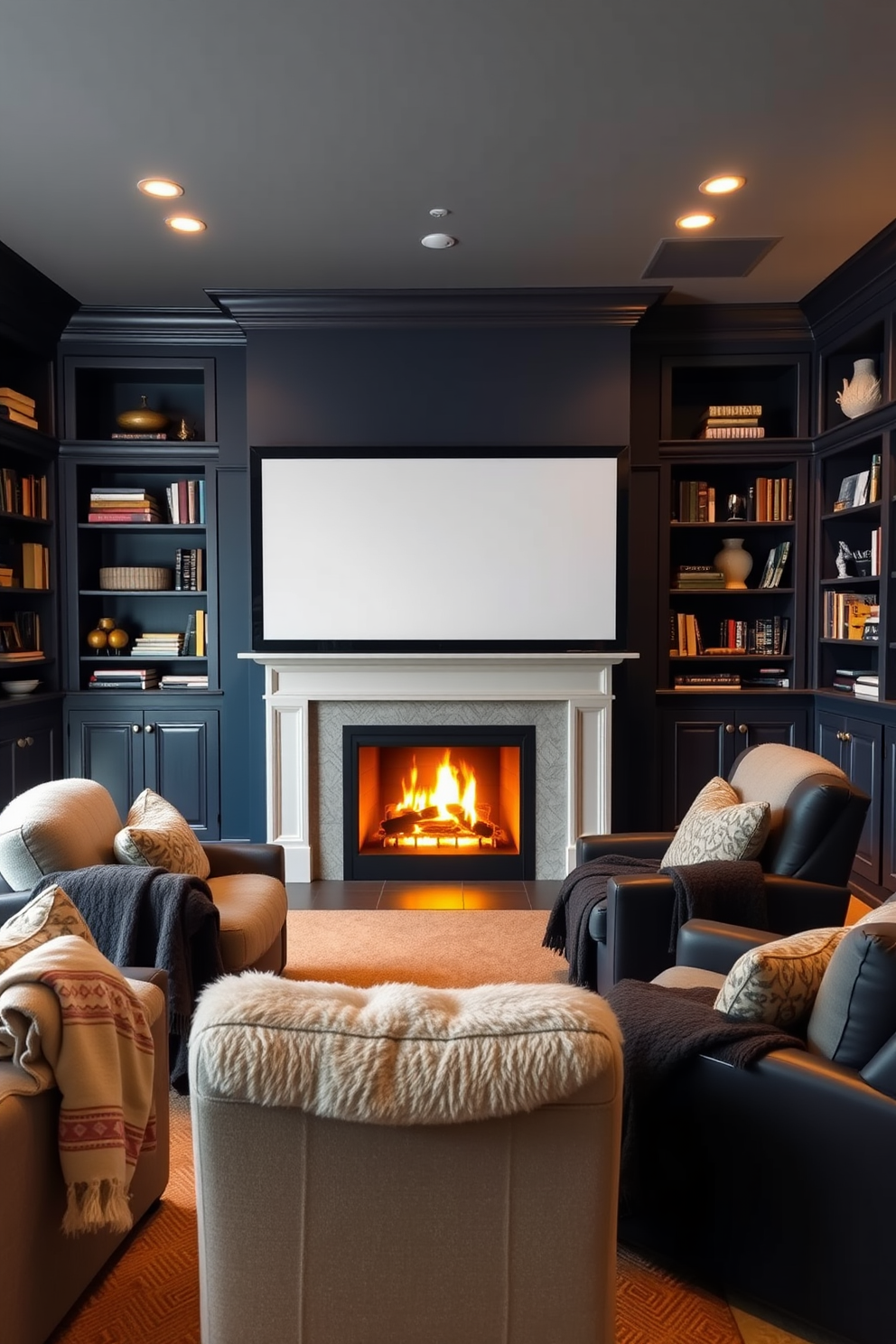 A cozy winter home theater features a stunning fireplace as the focal point. The fireplace is framed by built-in shelves filled with books and decorative items, creating an inviting atmosphere. Soft, plush seating is arranged around a large screen, with warm blankets draped over the chairs. The walls are painted in a deep navy blue, enhancing the warmth of the flickering firelight.