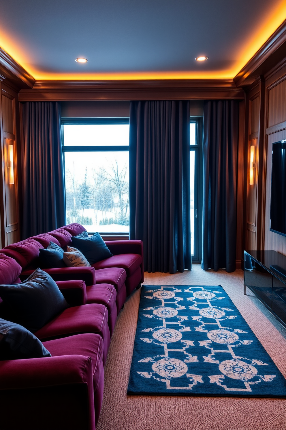 A cozy winter home theater with plush seating in deep burgundy and navy blue. The walls are adorned with rich wood paneling and soft ambient lighting creates a warm glow throughout the space. Large windows are dressed with heavy drapes in a luxurious fabric, allowing for blackout options when needed. A statement area rug in a geometric pattern anchors the seating area, while a sleek entertainment unit houses the latest technology.