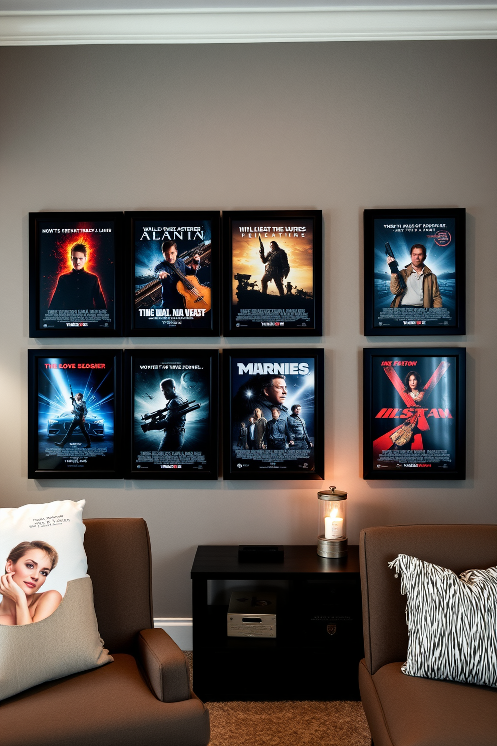 A cozy winter home theater features a wall art display showcasing personalized movie posters. The posters are framed in sleek black frames and arranged in an eye-catching grid pattern, enhancing the warm ambiance of the room.