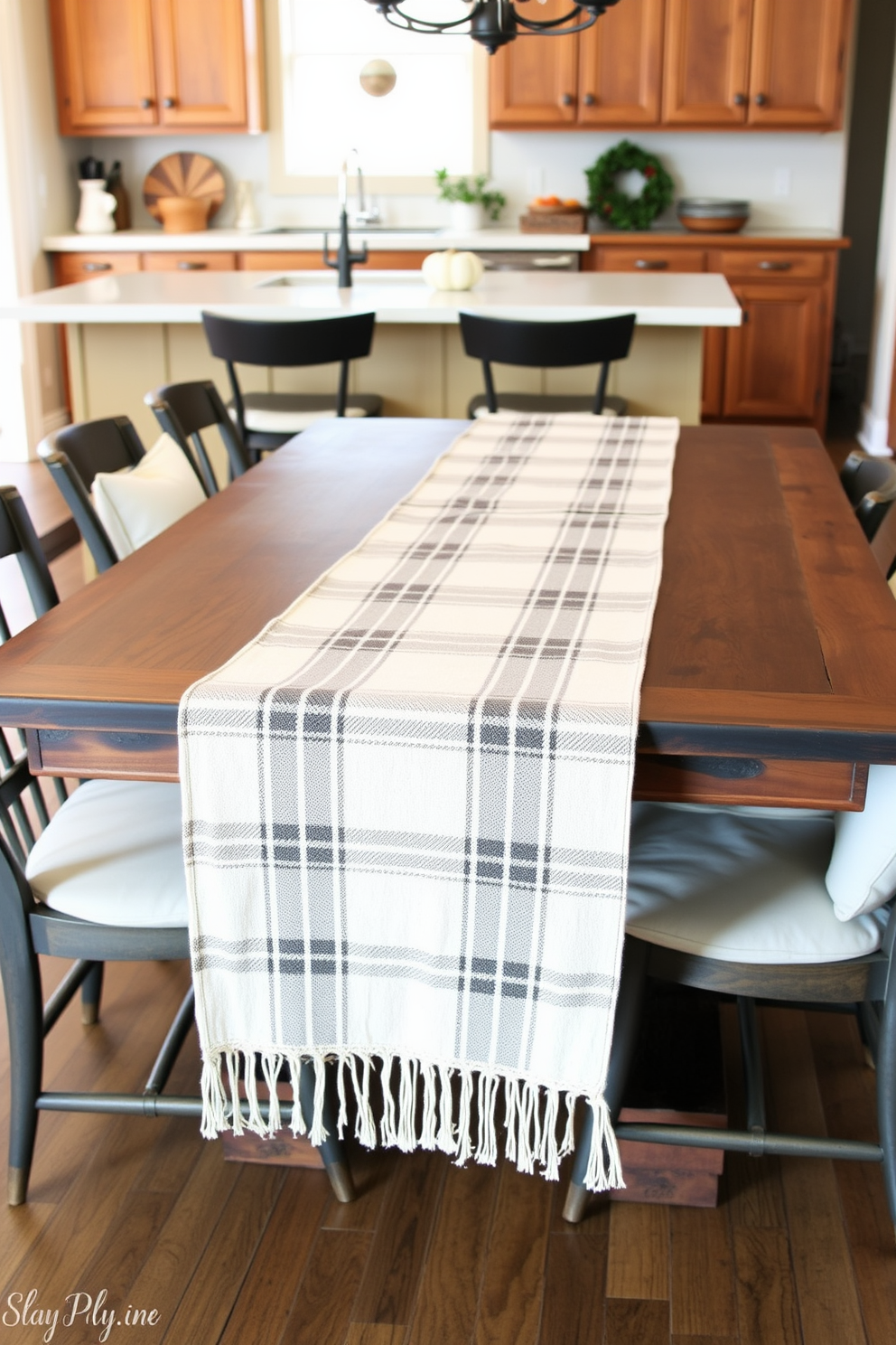 A cozy plaid table runner drapes elegantly across a rustic wooden dining table, adding warmth and texture to the winter kitchen. Surrounding the table are mismatched chairs, each adorned with soft cushions in complementary colors, creating an inviting atmosphere for family gatherings.