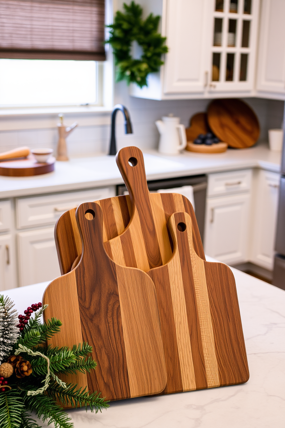 A cozy winter kitchen setting featuring rustic wooden cutting boards displayed prominently on a countertop. The warm wood tones of the cutting boards contrast beautifully with white cabinetry and a backdrop of soft, muted colors.