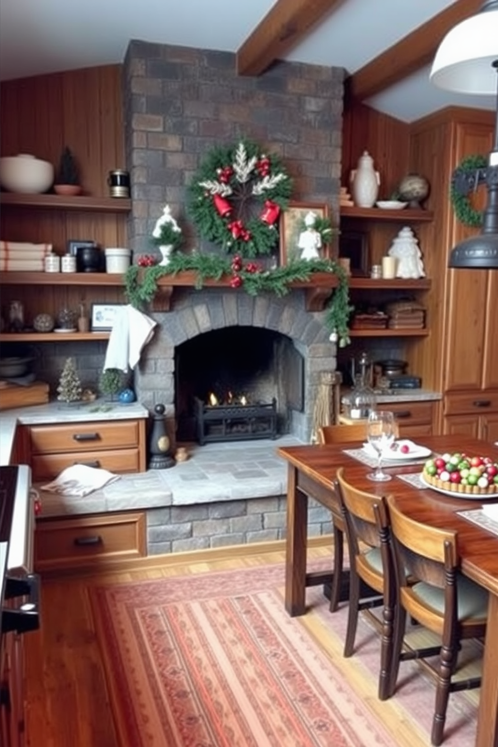 A cozy winter kitchen features a vintage fireplace as the focal point, surrounded by rustic wooden shelves filled with seasonal decor. The kitchen is adorned with warm-toned cabinetry, a farmhouse sink, and a large wooden dining table set for a festive gathering.