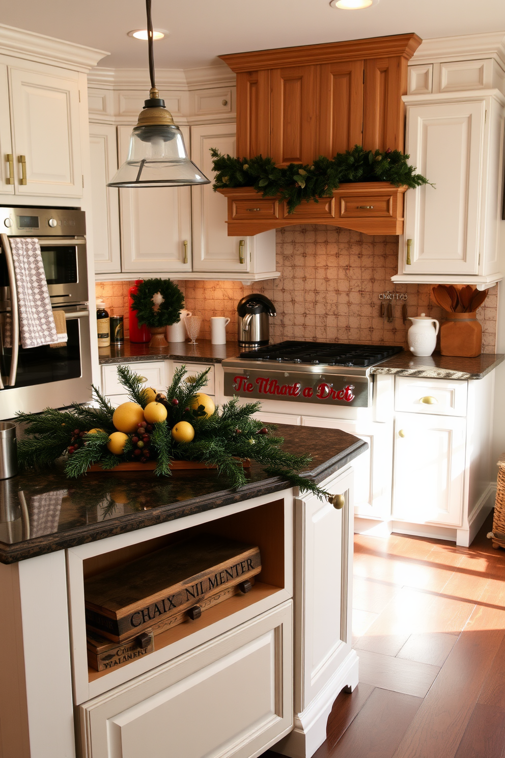 A cozy winter kitchen filled with warmth and charm. The cabinets are painted in a soft winter white, complemented by natural wood accents and brass hardware. The countertops feature a rich dark granite that adds depth to the space. Festive decorations like evergreen garlands and seasonal fruits adorn the kitchen island, creating a welcoming atmosphere.