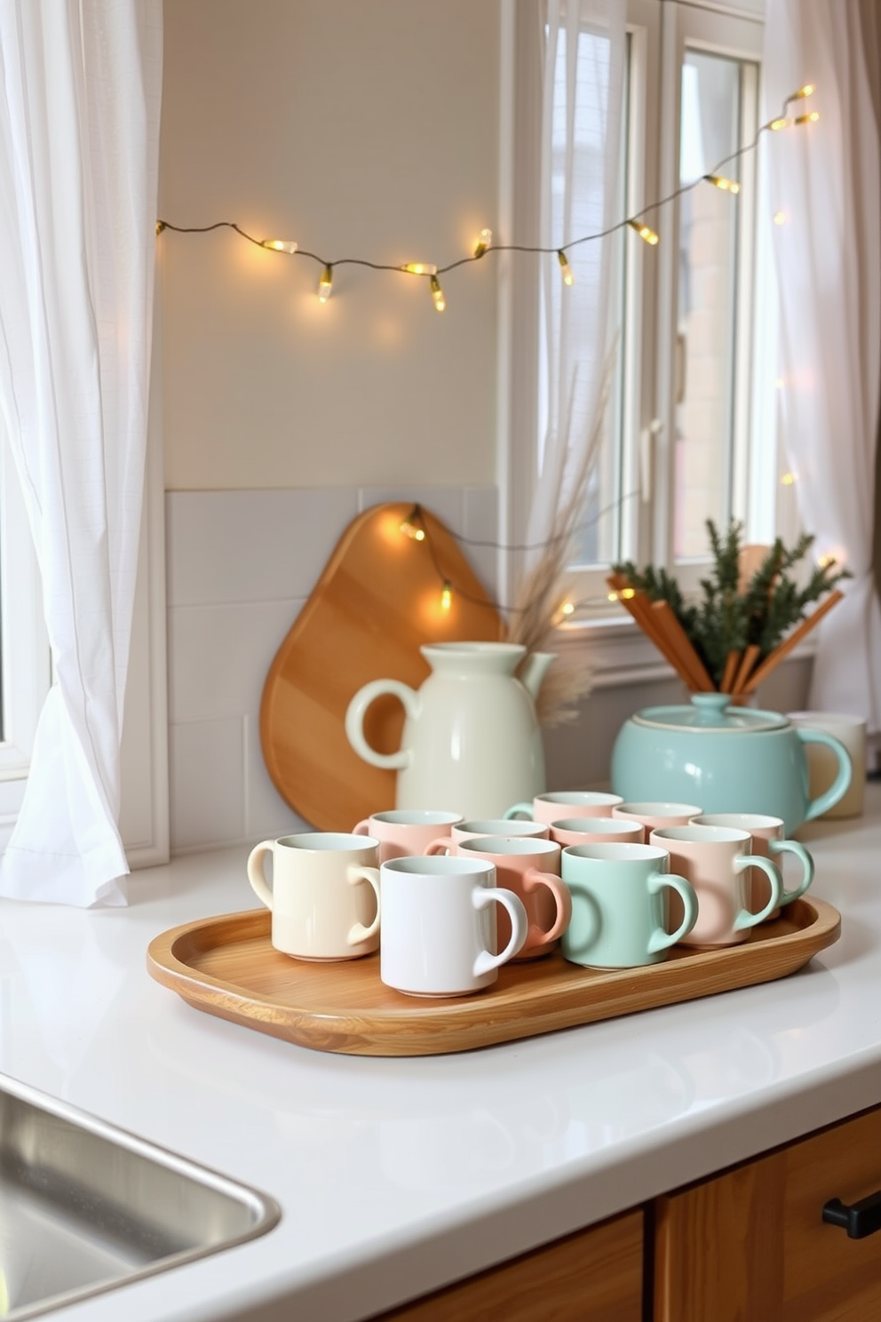 A cozy winter kitchen setting. The countertop is adorned with a variety of ceramic mugs in soft pastel colors, arranged neatly on a wooden tray. Above the mugs, a string of warm fairy lights adds a touch of warmth and charm. The windows are dressed with sheer white curtains, allowing natural light to filter in and illuminate the space.