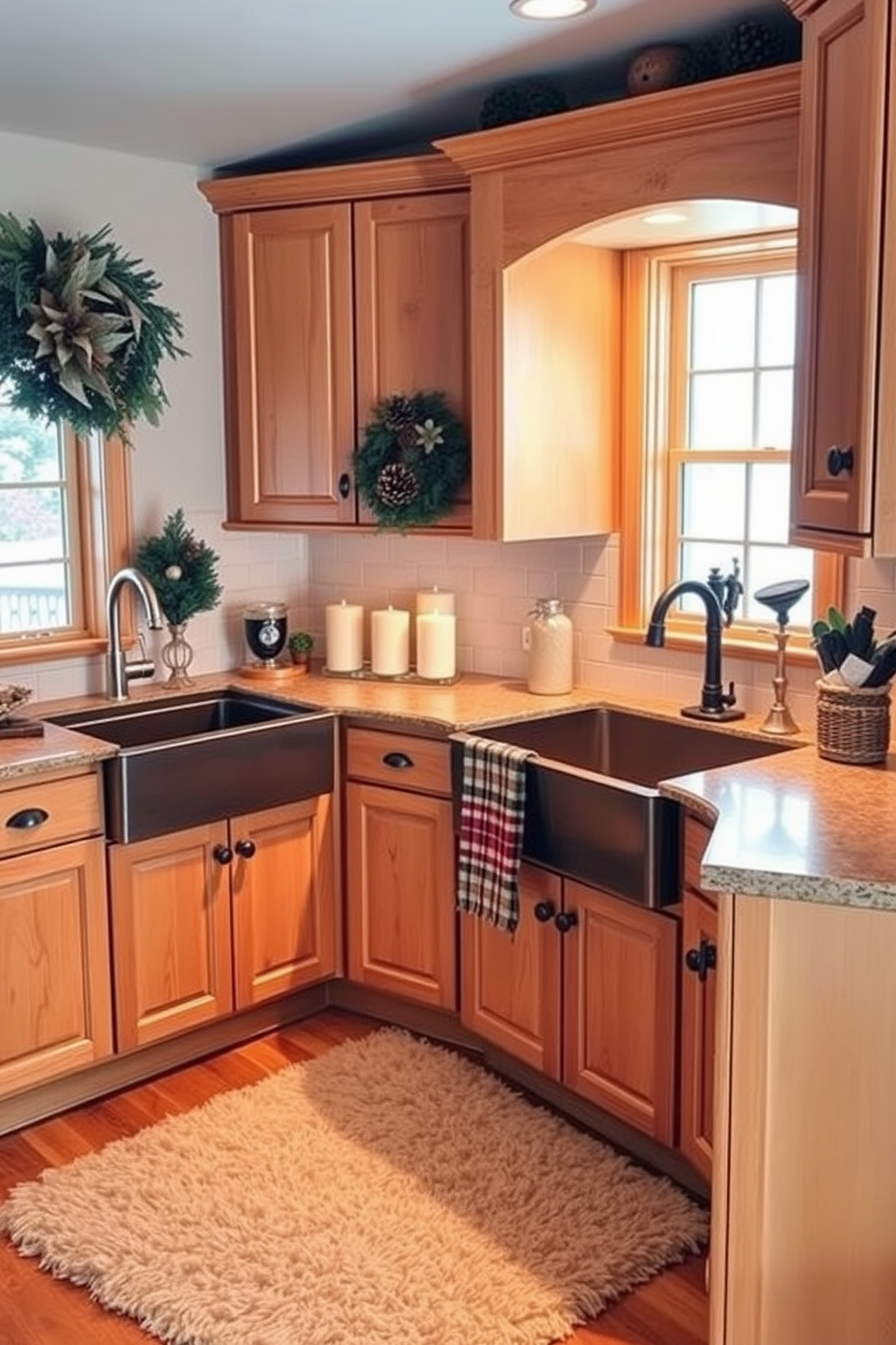 A cozy winter kitchen setting with warm wooden cabinets and a large farmhouse sink. The countertops are adorned with seasonal decorations, including pinecones and candles, creating a welcoming atmosphere. A plush area rug is placed underfoot, adding warmth and comfort to the space. Soft, ambient lighting illuminates the room, enhancing the inviting winter vibe.