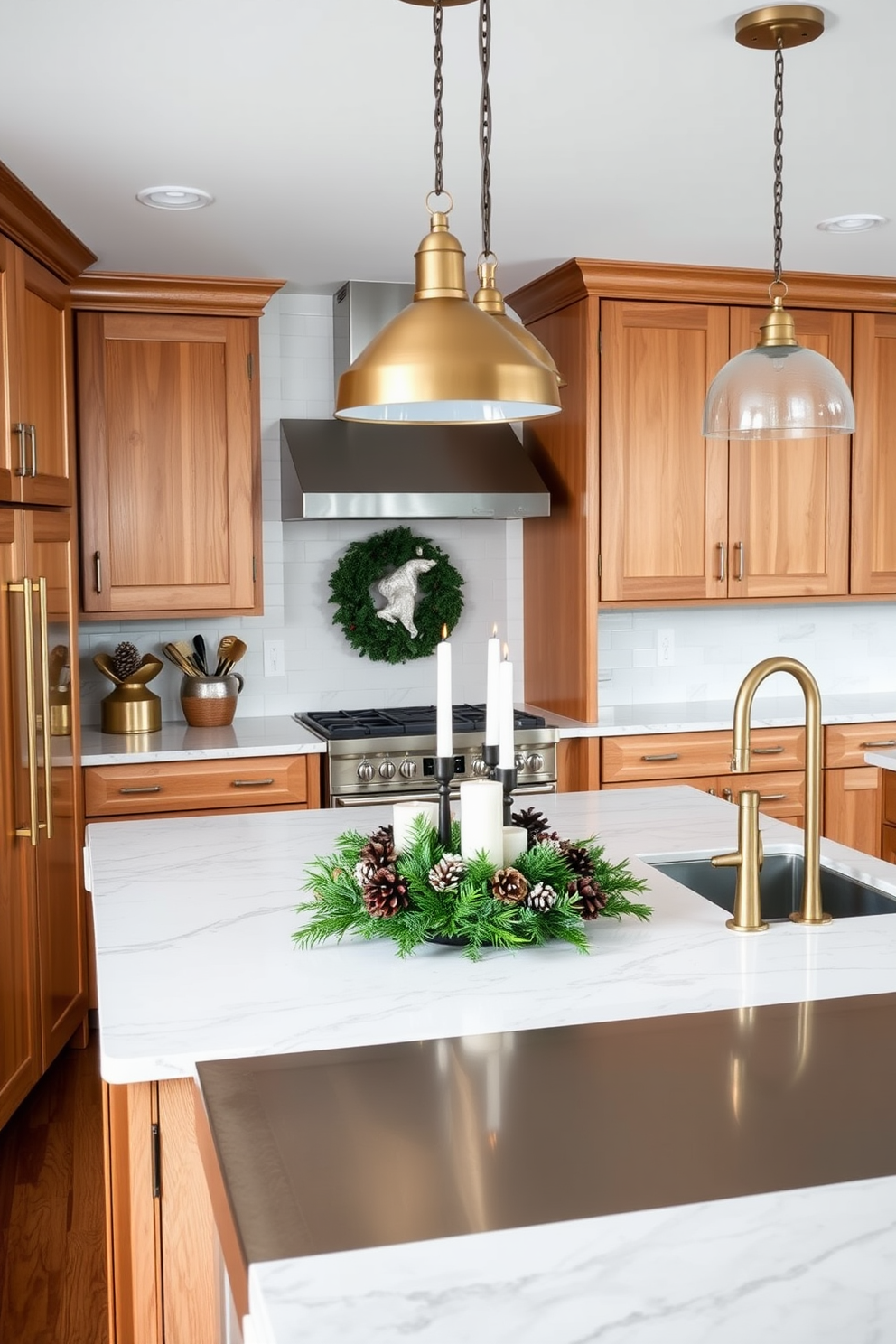 A cozy winter kitchen with warm wooden cabinets and a large island in the center. The countertops are adorned with a mix of white marble and brushed stainless steel, providing a sleek contrast. Metal accents are integrated throughout the space, including brass cabinet handles and pendant lights that illuminate the area. A festive centerpiece of pinecones and candles sits on the island, enhancing the seasonal decor.