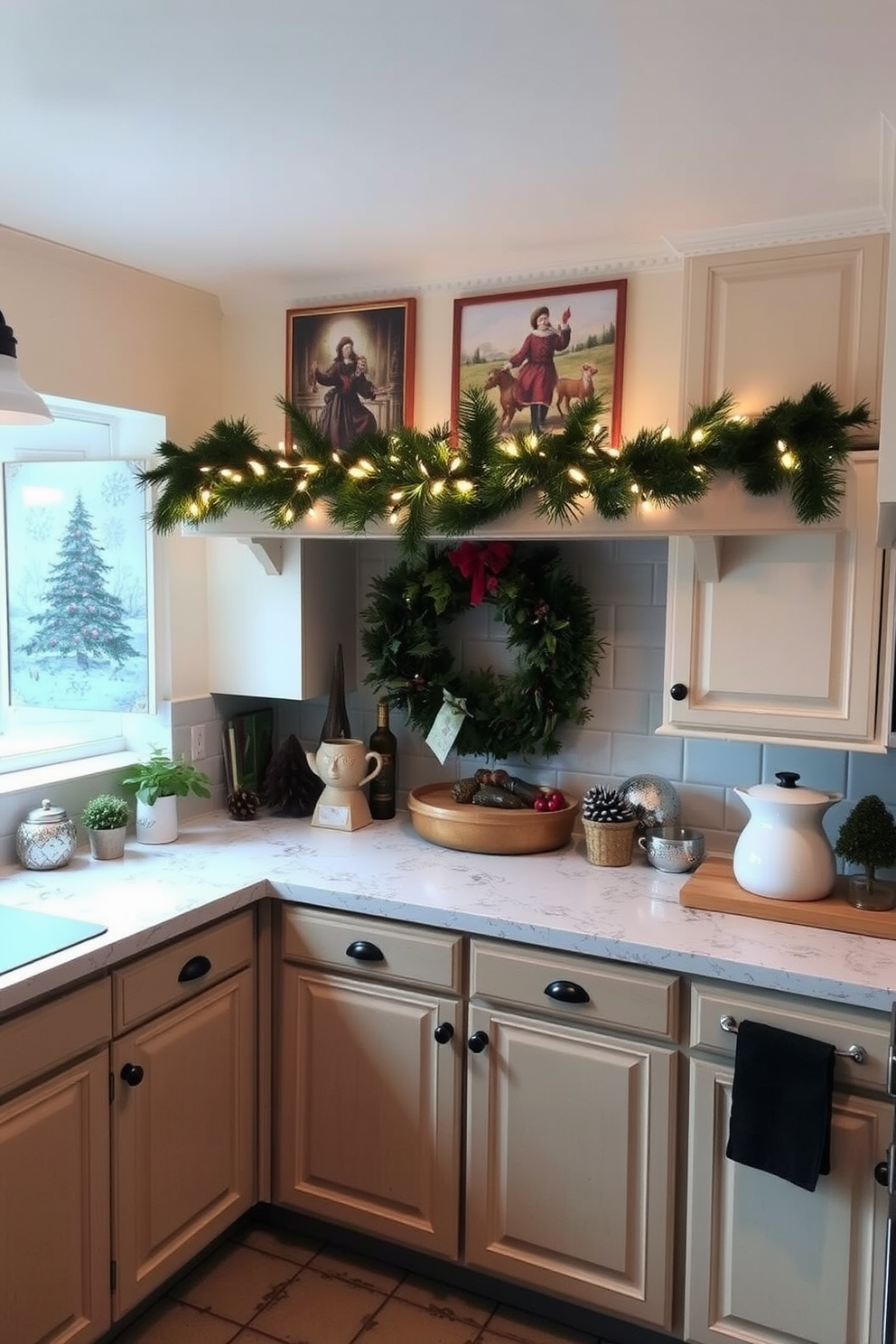 A cozy winter kitchen adorned with string lights creating a warm glow. The rustic wooden beams on the ceiling are draped with twinkling fairy lights, enhancing the inviting atmosphere. A large farmhouse table is set in the center, surrounded by mismatched chairs, each decorated with soft, textured throws. The countertops are topped with seasonal decor, including pinecones and evergreen branches, adding a festive touch.