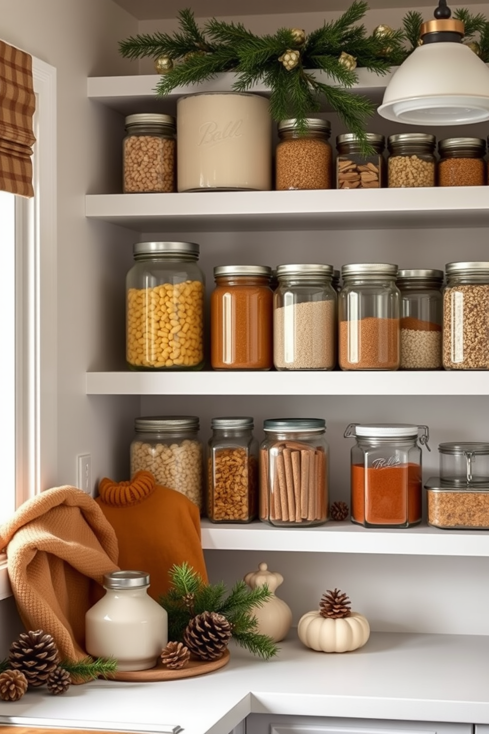 A cozy winter kitchen featuring glass jars neatly arranged on open shelves for pantry organization. The jars are filled with various dry goods like pasta, grains, and spices, creating an inviting and functional display. The kitchen is adorned with warm, rustic decorations that evoke a winter ambiance. Soft textiles and seasonal accents like pinecones and evergreen branches enhance the cozy atmosphere.