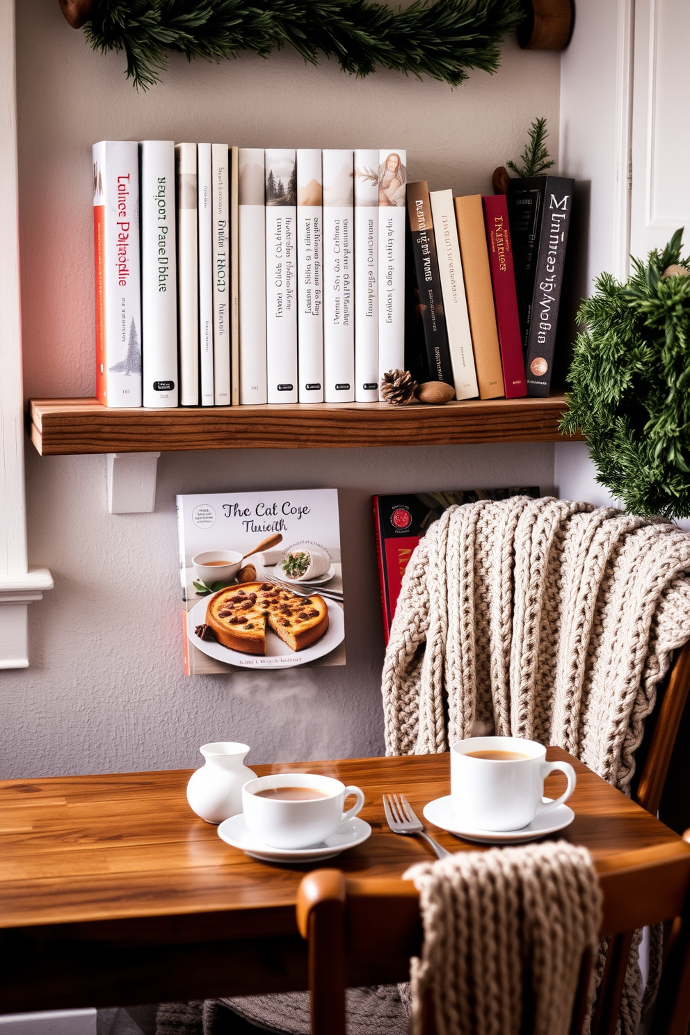 A cozy kitchen nook featuring a collection of winter cookbooks displayed on a rustic wooden shelf. The shelf is adorned with a few pinecones and a small evergreen plant to enhance the winter theme. The kitchen is decorated with warm, neutral tones and soft textiles, including a chunky knit throw draped over a nearby chair. A wooden table set with seasonal ingredients and a steaming cup of herbal tea completes the inviting winter atmosphere.