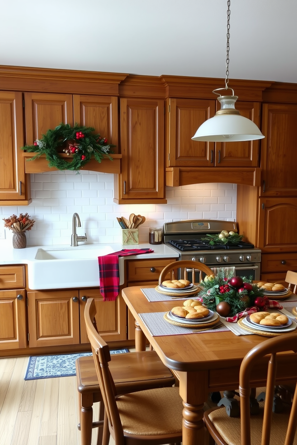 A cozy winter kitchen adorned with a warm color palette featuring deep reds, rich browns, and soft creams. The cabinetry is a warm oak, complemented by a rustic farmhouse sink and a wooden dining table set with seasonal decor. The countertops are topped with a creamy quartz, and a vintage-style stove adds character to the space. Soft lighting from pendant fixtures creates an inviting atmosphere, while a display of freshly baked goods on the counter enhances the homey feel.