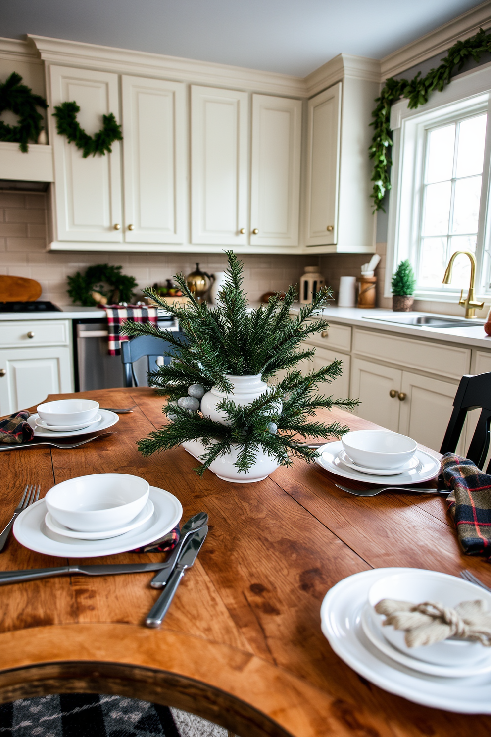 A cozy winter kitchen setting featuring a rustic wooden dining table adorned with evergreen branches as centerpieces. The table is set with white ceramic plates, silver cutlery, and warm plaid napkins, creating a festive and inviting atmosphere. The kitchen cabinets are painted a soft cream color, complemented by brass hardware that adds a touch of elegance. A large window allows natural light to flood the space, showcasing a view of softly falling snow outside.