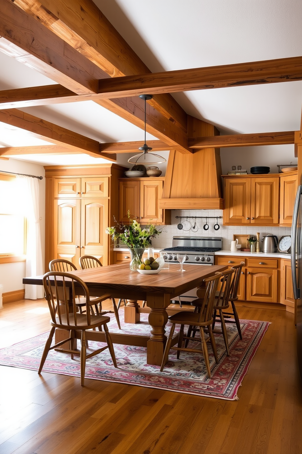 A cozy winter kitchen filled with natural wood elements. The cabinetry features warm oak finishes that complement the rustic wooden beams overhead. A large farmhouse table made of reclaimed wood sits in the center, surrounded by mismatched chairs for a homey feel. Soft white curtains frame the windows, allowing natural light to illuminate the space while a vintage rug adds a touch of warmth underfoot.