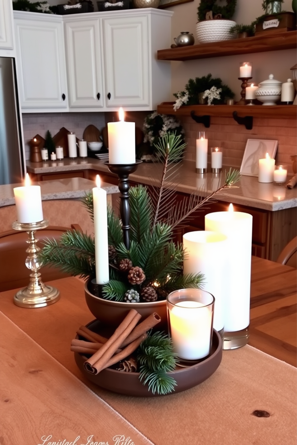 A cozy winter kitchen decorated with simple garlands draped over open shelves. The garlands are made of fresh greenery and twinkling fairy lights, adding warmth to the space.