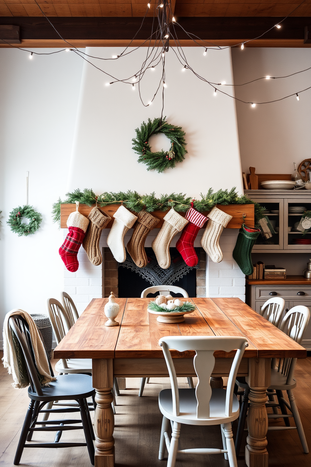 A warm and inviting winter kitchen setting. The walls are adorned with cozy knitted stockings in various colors, hanging from a rustic wooden mantel. A large farmhouse table is centered in the room, surrounded by mismatched chairs. Soft white fairy lights twinkle above, creating a magical atmosphere for holiday gatherings.