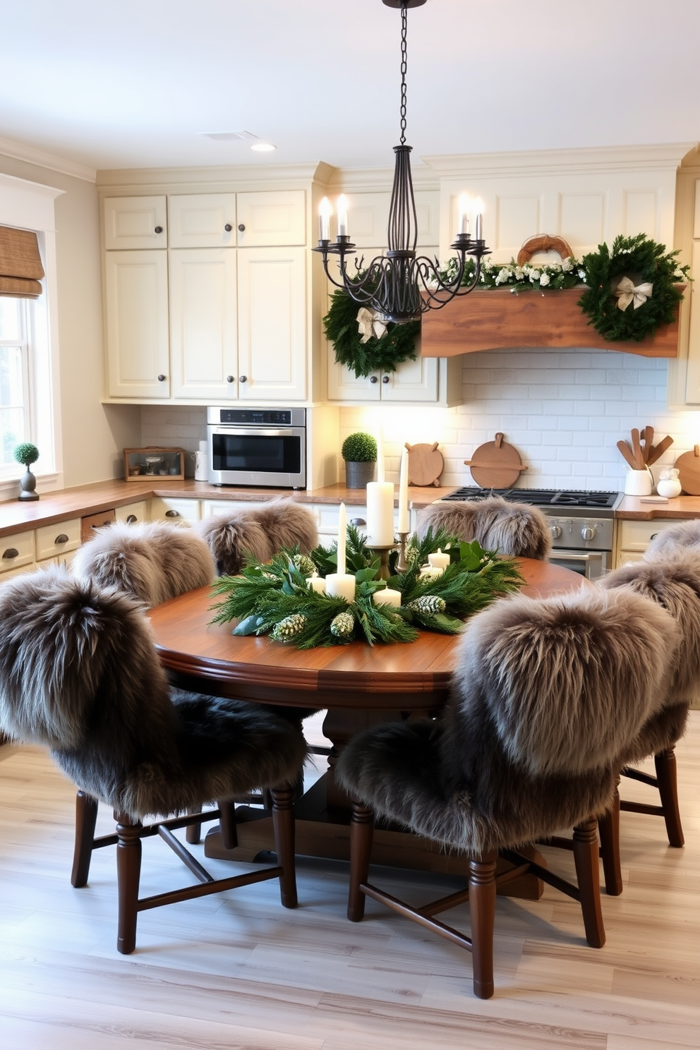 A cozy winter kitchen filled with warmth and charm. The space features a large wooden dining table surrounded by chairs adorned with plush faux fur accents. The cabinets are painted in a soft cream color, complemented by a rustic wooden countertop. A stylish centerpiece of seasonal greenery and candles sits on the table, enhancing the inviting atmosphere.