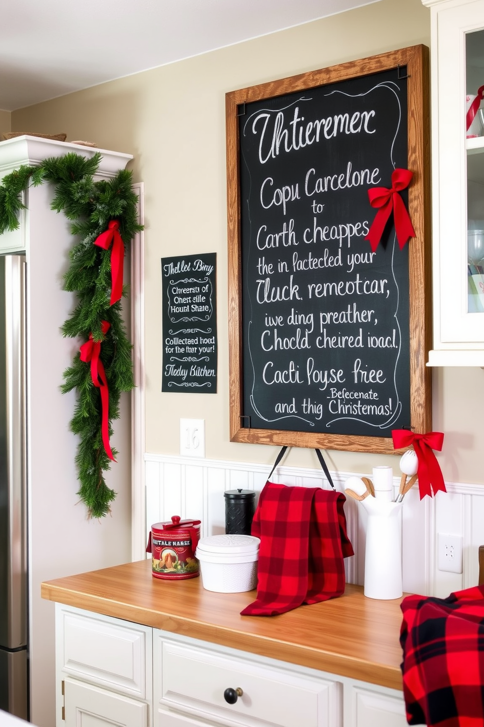 A cozy winter kitchen setting featuring a large chalkboard mounted on the wall displaying seasonal messages. The kitchen is adorned with festive decorations including garlands of pine and red ribbons, and a warm color palette of deep reds and soft whites.