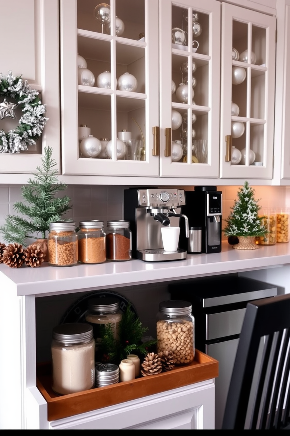 A cozy coffee bar is set up in a bright winter-themed kitchen. The countertop features a stylish espresso machine, surrounded by jars filled with seasonal spices like cinnamon and nutmeg. Decorative winter accents are placed around the coffee bar, including pinecone arrangements and a small evergreen tree. The cabinetry is adorned with white and silver ornaments, creating a festive atmosphere that invites warmth and comfort.