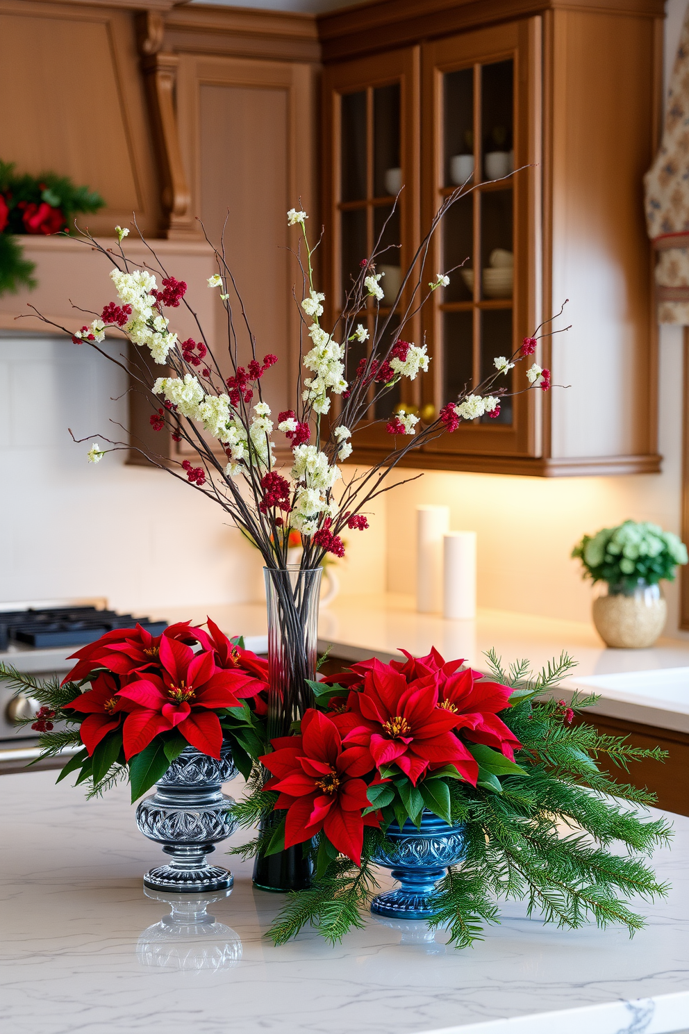 A cozy winter kitchen adorned with seasonal flowers in elegant vases. The countertops are decorated with a mix of evergreen branches and vibrant poinsettias, creating a warm and inviting atmosphere.